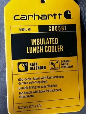 Carhartt Yellow and Black Insulated Lunch Cooler Tag